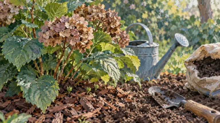 Hortensias entretien : taille au jardin près des fleurs fanées