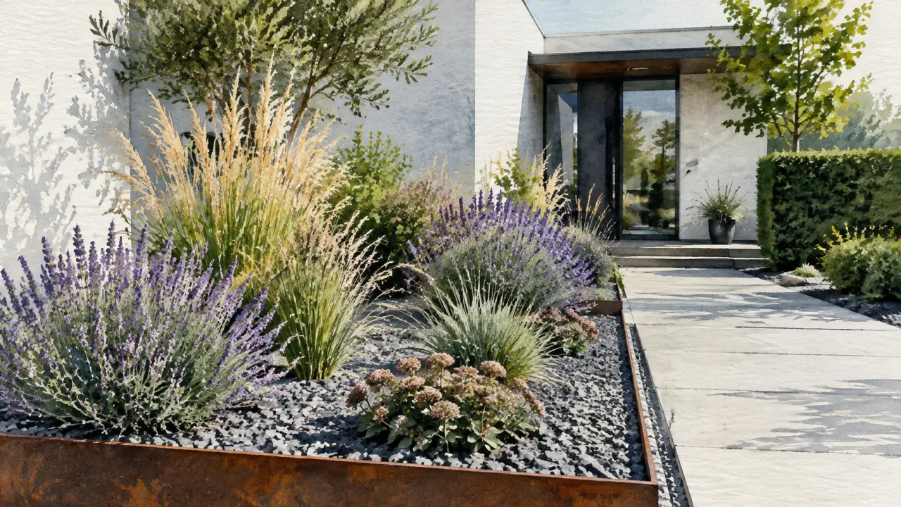 Parterre devant maison moderne, entrée équilibrée avec graminées et lavande