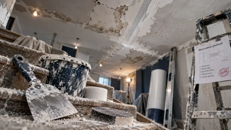 Plafond renovation : plafond fissuré réparé et habillage en chantier