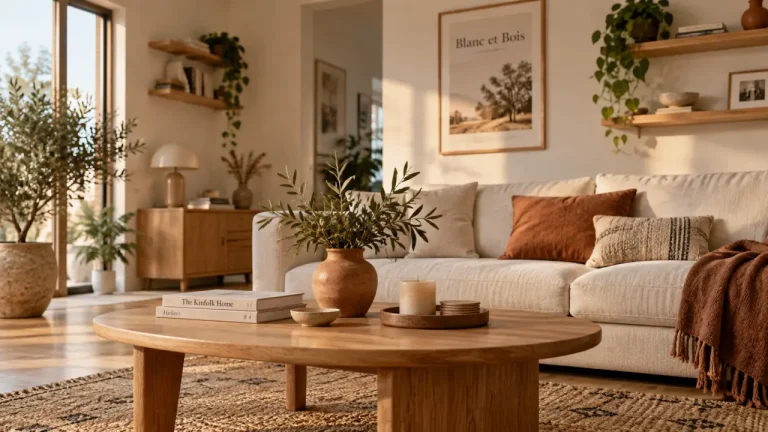 Salon blanc et bois lumineux et chaleureux, bois clair et blanc cassé