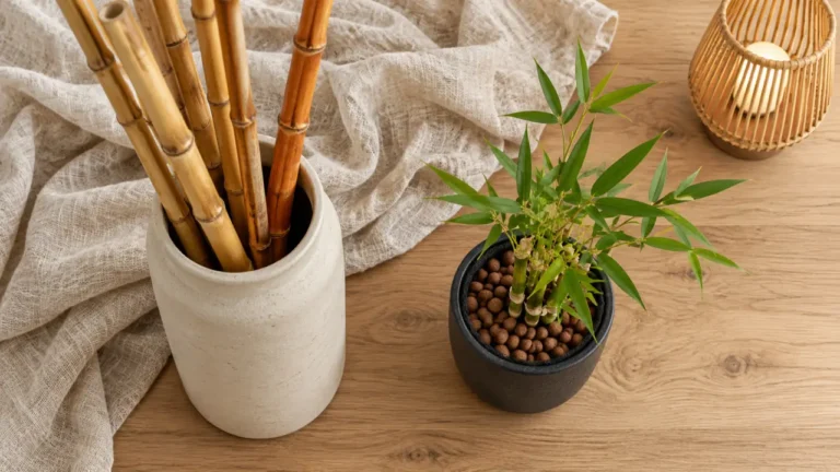 Bambou pour decoration intérieure : cannes dans un vase, ambiance salon