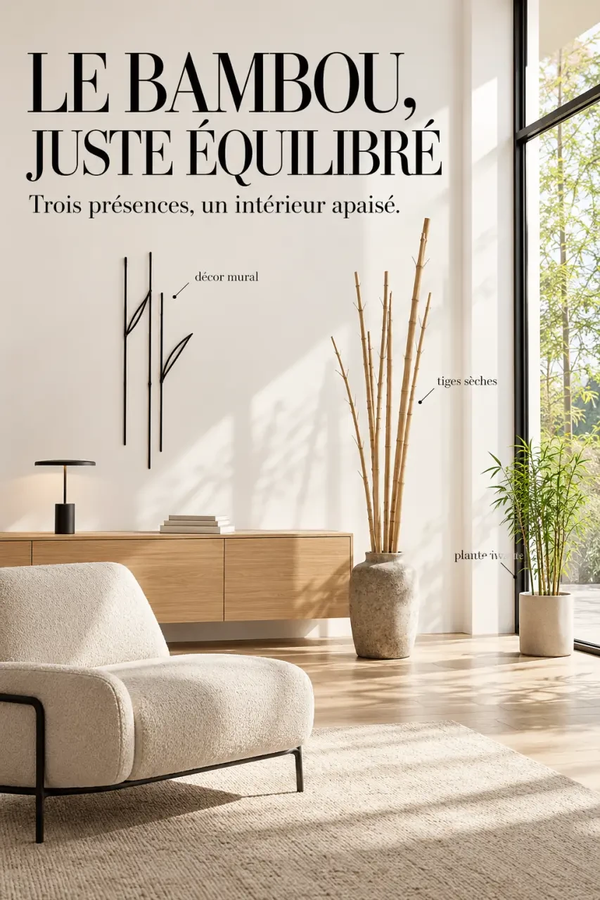 Exemple de bambou pour decoration intérieure dans un salon avec tiges sèches et plante en pot