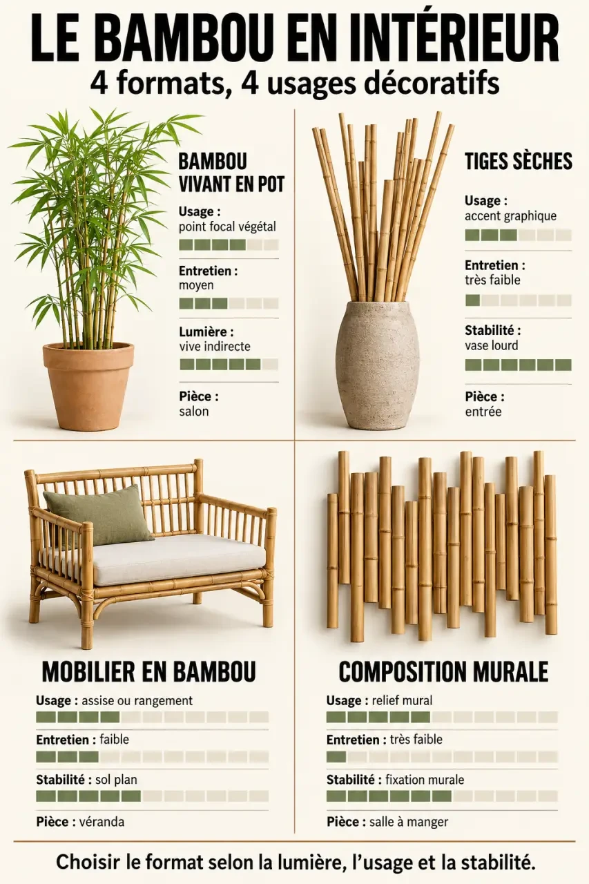 Infographie des formats de bambou pour decoration intérieure et de leurs usages selon les pièces