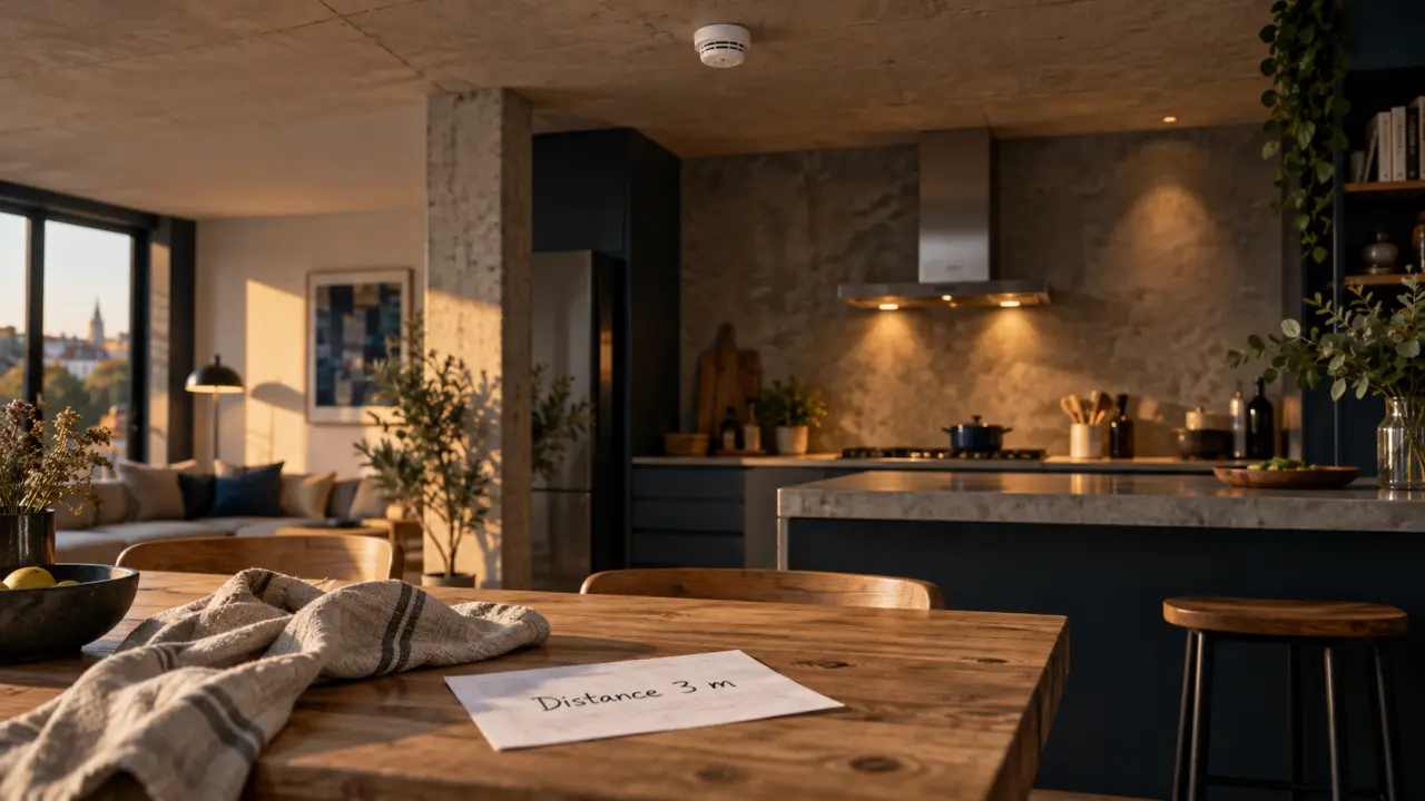 Détecteur de fumée cuisine ouverte au plafond, distance 3 m