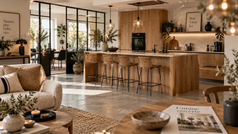 Salon ouvert cuisine lumineux, îlot bois et ordre visuel